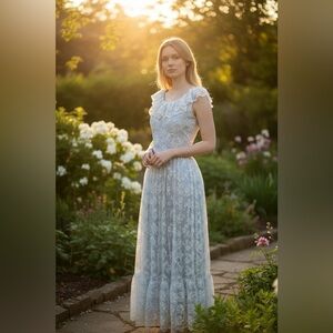 Vtg 70s White Lace Overlay Blue Satin Sleeveless Handmade “Gunne Style” Maxi XS